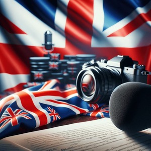 photo présentant un drapeau britannique en arrière-plan, symbolisant la langue anglaise. Au premier plan, il y a une caméra ou un microphone, représentant la production video