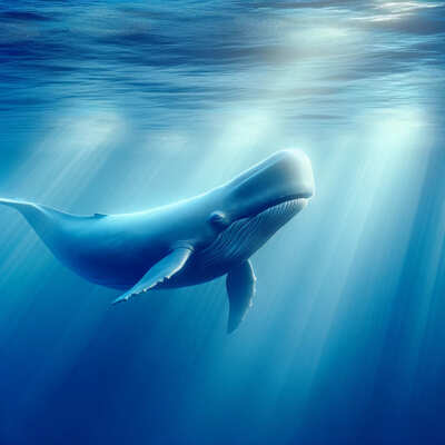 Un majestueux cachalot nage gracieusement dans l'océan. La baleine est entourée par l'eau bleue, avec des rayons de lumière pénétrant la surface.